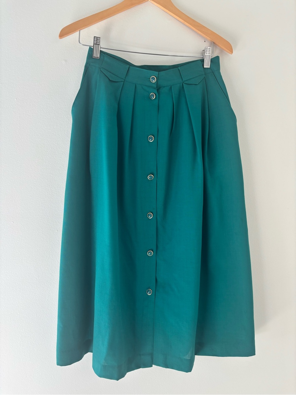 Vintage Pure Wool Teal Midi Button-Front Skirt for Women